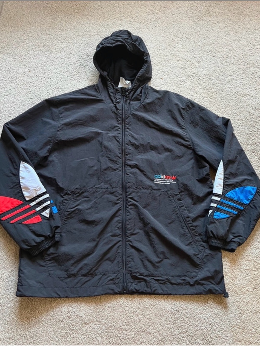 Adidas Black Hooded Windbreaker Jacket with Red & Blue Sleeve Panels